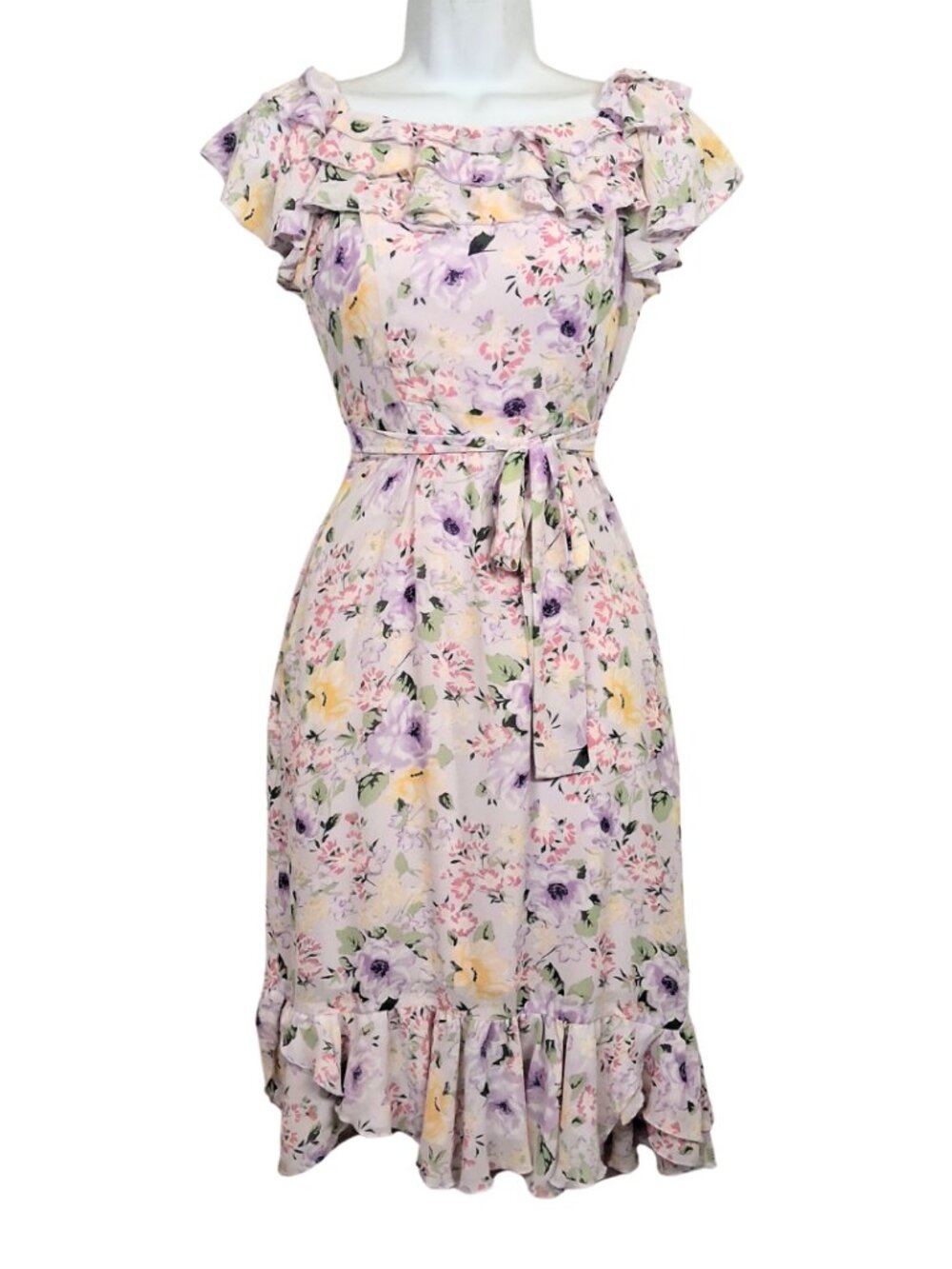 Lavender Light Purple Floral Ruffle Midi Dress Feminine Boho Summer Dress Medium